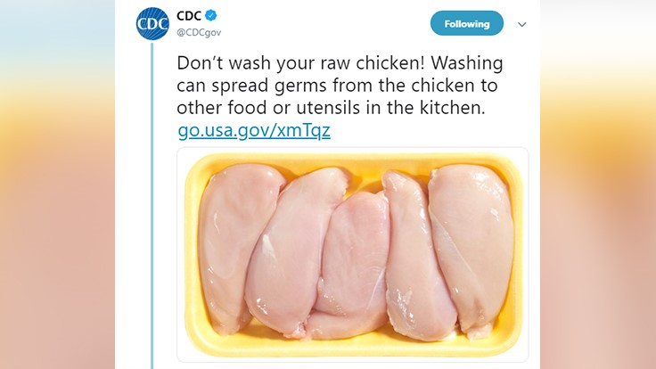 CDC Advises Consumers NOT to Wash Chicken