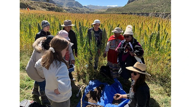 Erika Foster (bottom right), a postdoctoral scholar at Purdue, meets with other Nexus researchers from Purdue and UNSA, as well as local community leaders, at a quinoa field in the community of Lari, Arequipa, Peru. (Photo/Tim Filley)