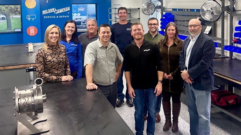 Nelson-Jameson employees during its commercial team meeting (l-r): Devon Vogel, vice president of customer solutions; Lauren Zellner, inside account representative; Quentin Rosandich, inside core account manager; Curtis Hardy, service and repair manager; Alan Piller, service and repair tech service specialist; Shawn Kitchner, vice president of operations and logistics; Nick Price, outside core account manager; Sharon Wilson, national accounts manager; and Murray Smith, senior advisor.