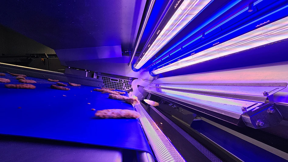 Key Technology's new VERYX optical sorter works to remove protein products with defects.